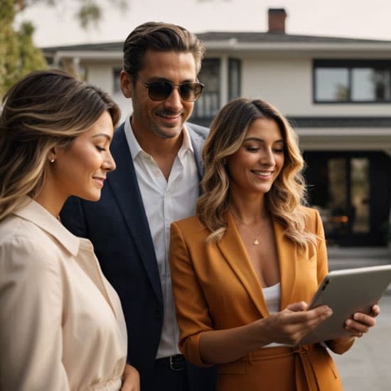 Three real estate agents looking at a tablet screen while standing outside a home