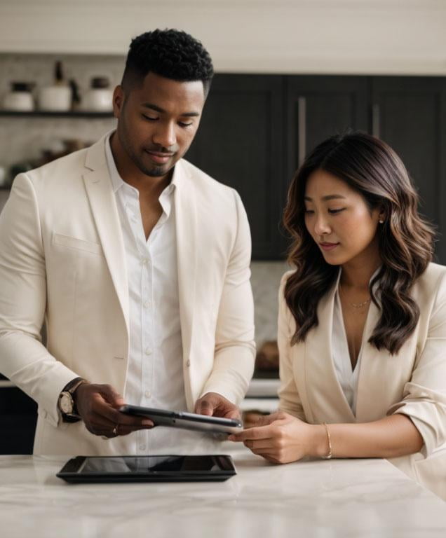 Two agents in light colored jackets look at a tablet screen while leaning on a marble countertop
