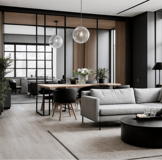 A wating area inside a Century 21 office with seating and tables